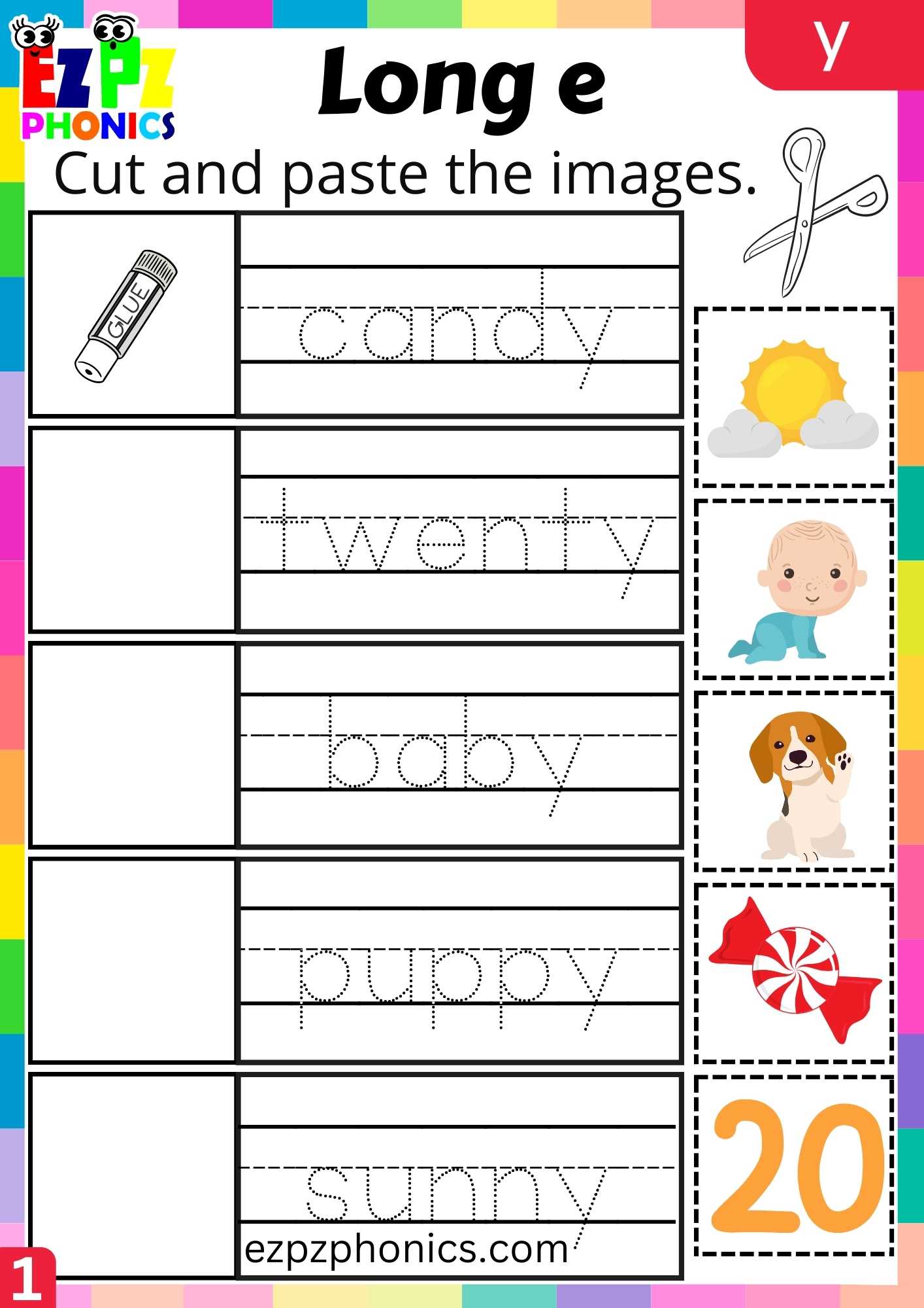 Group1 Y Words Cut And Paste The Images Long E Phonics Worksheet